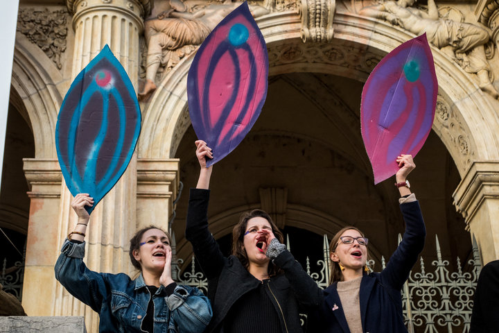 Women at the "Nous Toutes" protest in Lyon, France.&nbsp;