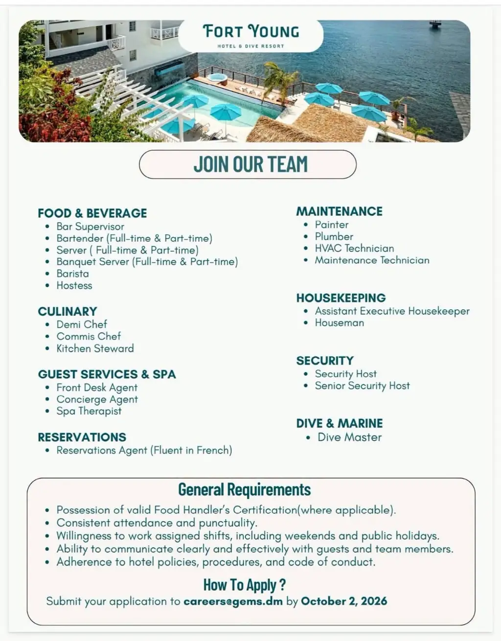 Fort Young Hotel and Dive Resort recruitment poster; applications by 2 October 2026.