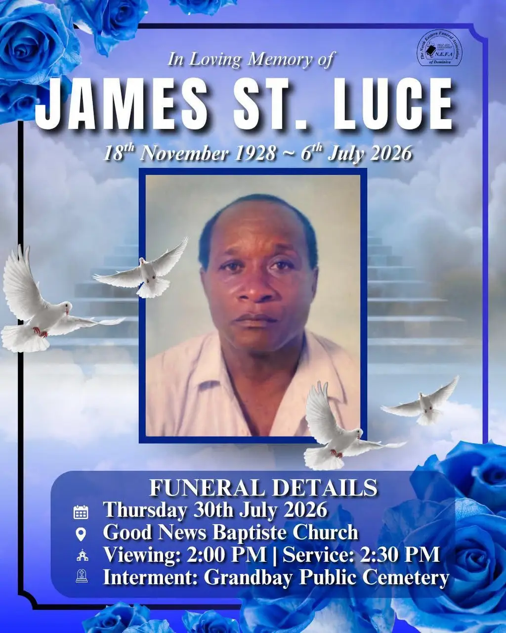 Lead image accompanying “Death announcement of James St. Luce affectionately known as “Tibot” of Back Street, Grandbay.He was 87 years old and passed away on 6 July 2026 at the China Friendship Hospital.”
