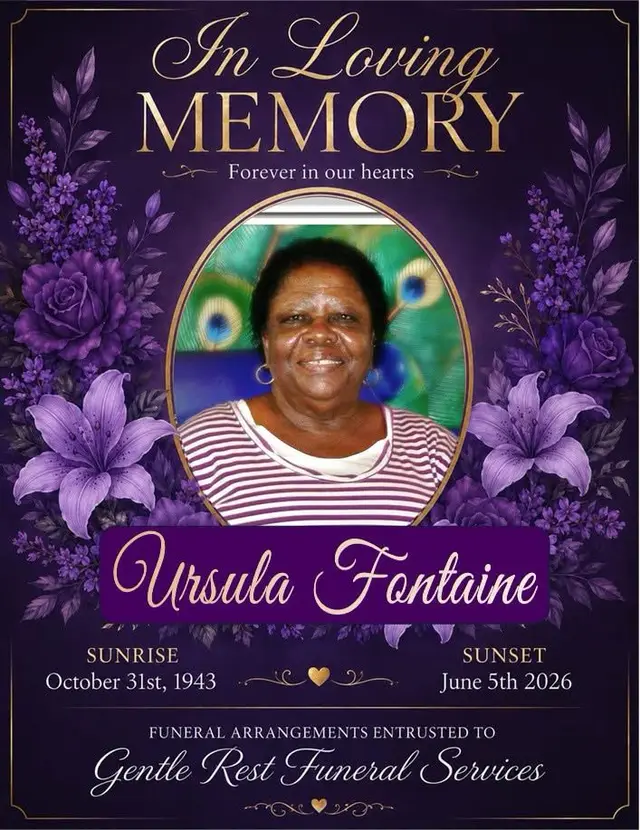 Lead image accompanying “Death announcement of 82-year-old Ursula Fontaine of Soufriere residing in Loubiere. She died on the 5TH of June 2026. She was preceded in death by her loving husband Eustace Fontaine.”