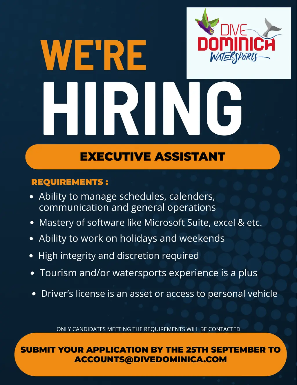 Dominica Watersports hiring poster for an executive assistant.