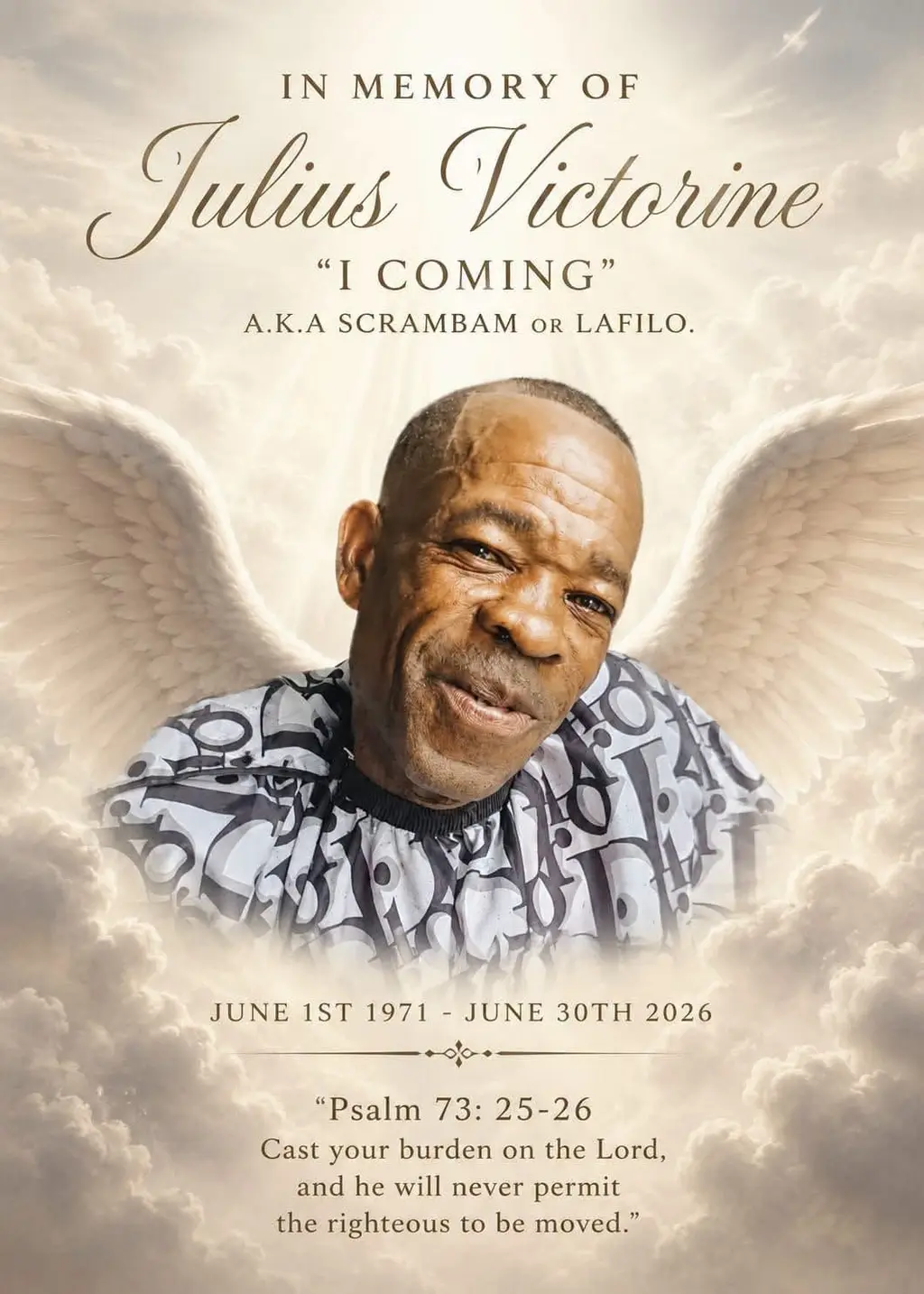 Lead image accompanying “Death announcement of Julius Victorine A.K.A Scrambam or Lafilo.He passed on the 30th of June 2026.”