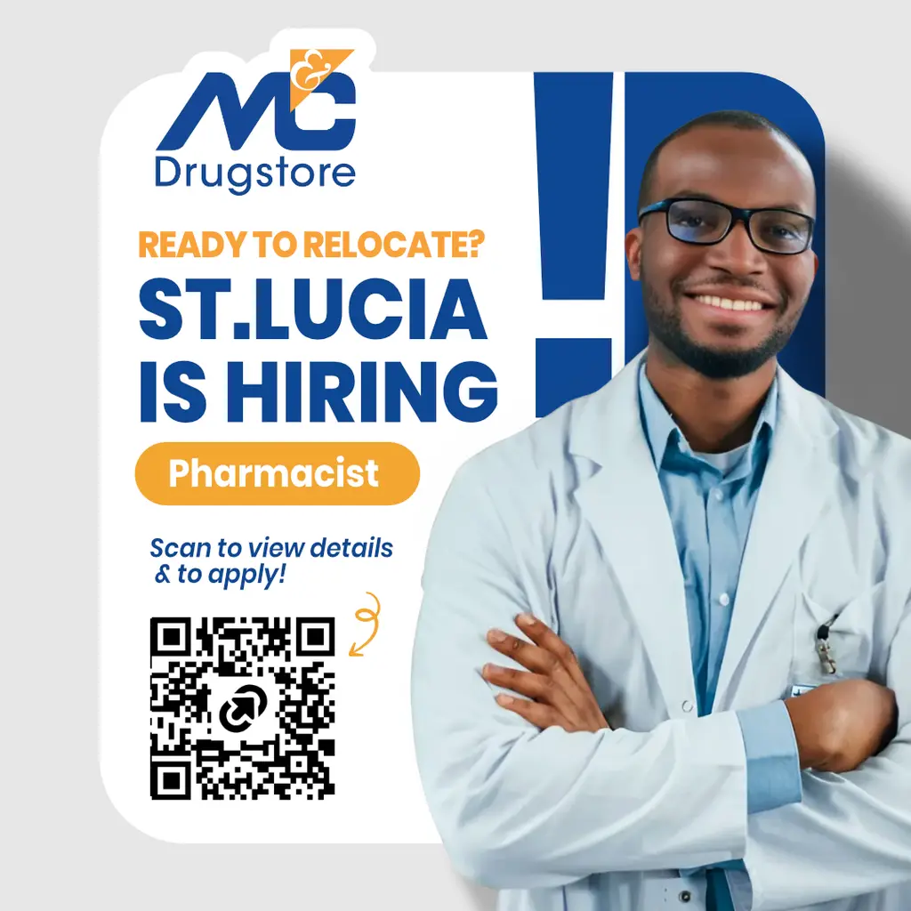 Drugstore St. Lucia recruitment flyer with a QR code for applications.