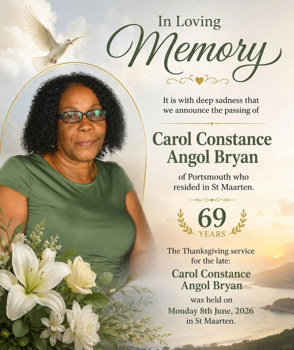 Lead image accompanying “Death announcement of 69 year old Carol Constance Angol Bryan of Portsmouth who resided in St. Maarten She departed this life on May 18th 2026 in St. Maarten She was a former Teacher of the St.John’s Primary School at Portsmouth Teacher of the Methodists Agogic Center and Member of the M.A.C Travel Club.”