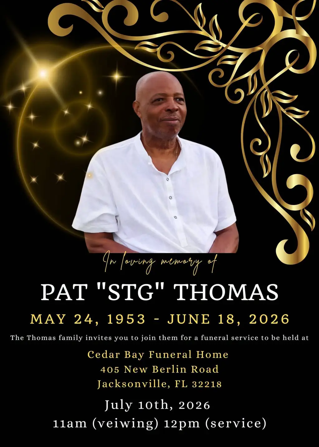 Lead image accompanying “Death announcement of Pat “STG” Thomas, on June 18th, 2026, in Jacksonville, Florida. He was 73 years old. He was the son of the late Matthew Thomas and Amilta Ettienne of Woodford Hill, Dominica.”