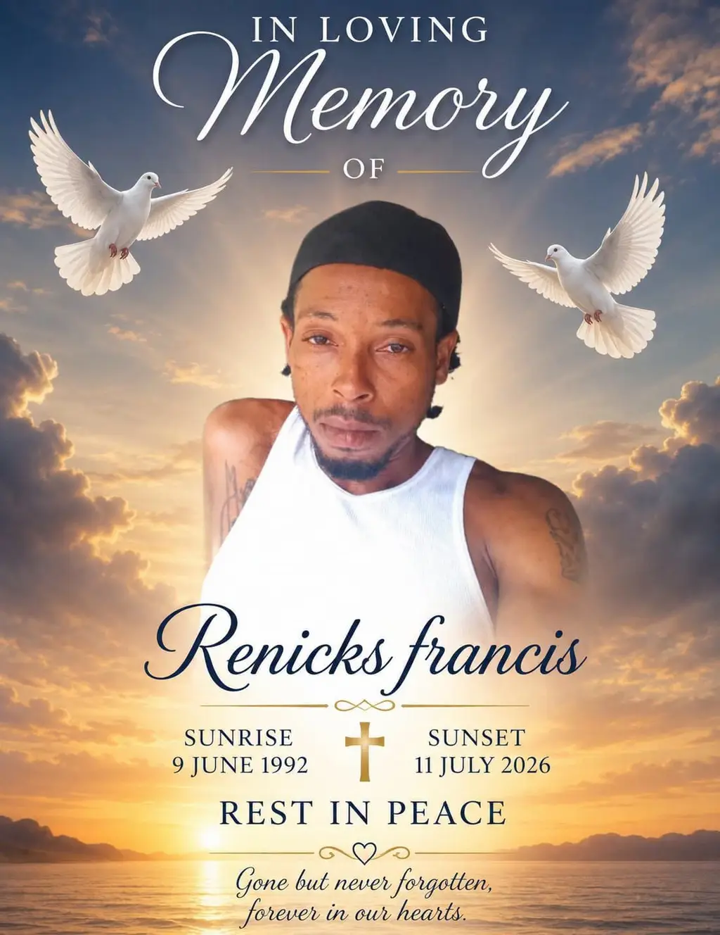 Lead image accompanying “Death announcement of 34 year old Renicks Junior Francis aka “ As sue Cotay” of Belles.He died on Saturday, 11th July 2026.”
