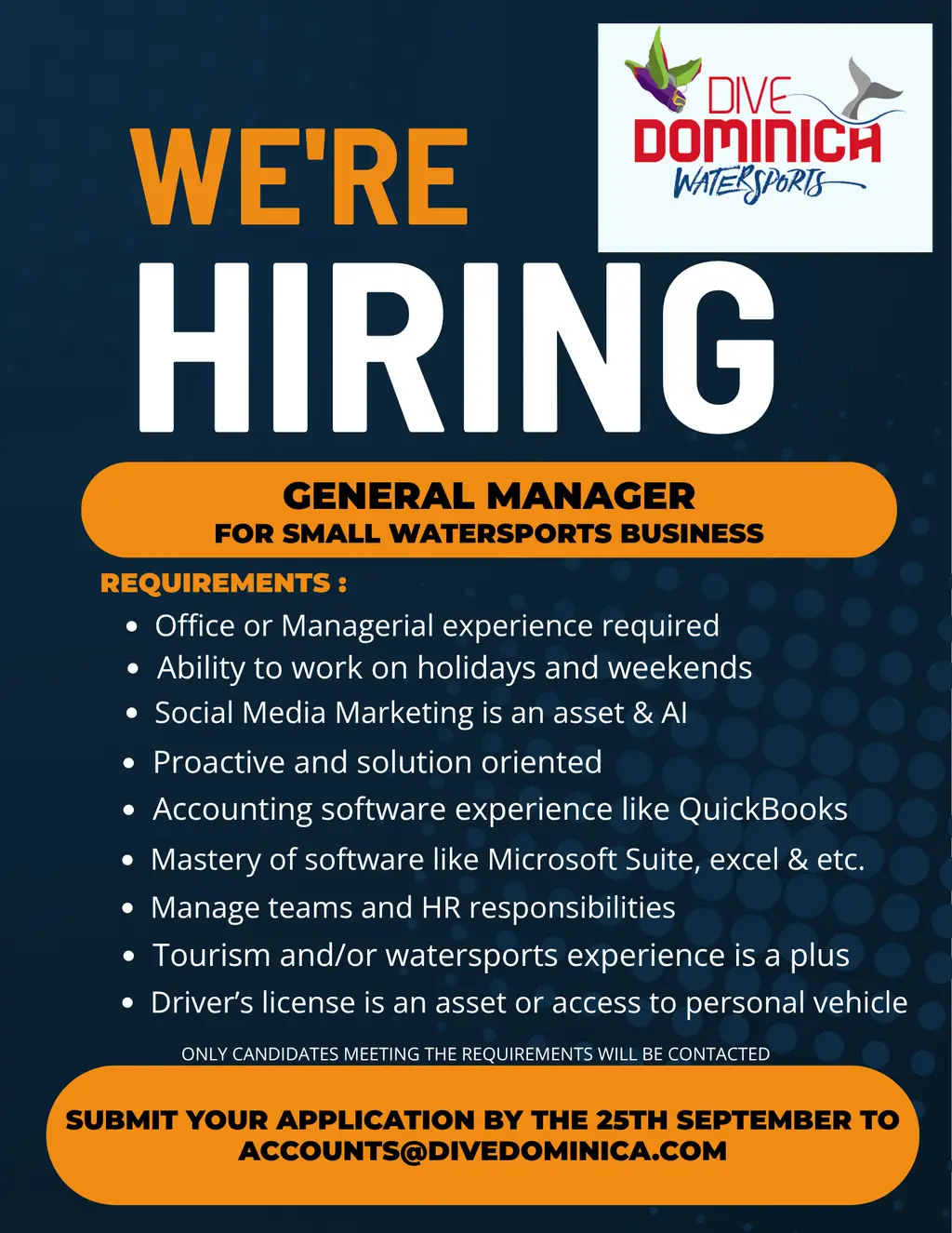 Dominica Watersports hiring poster for a general manager.