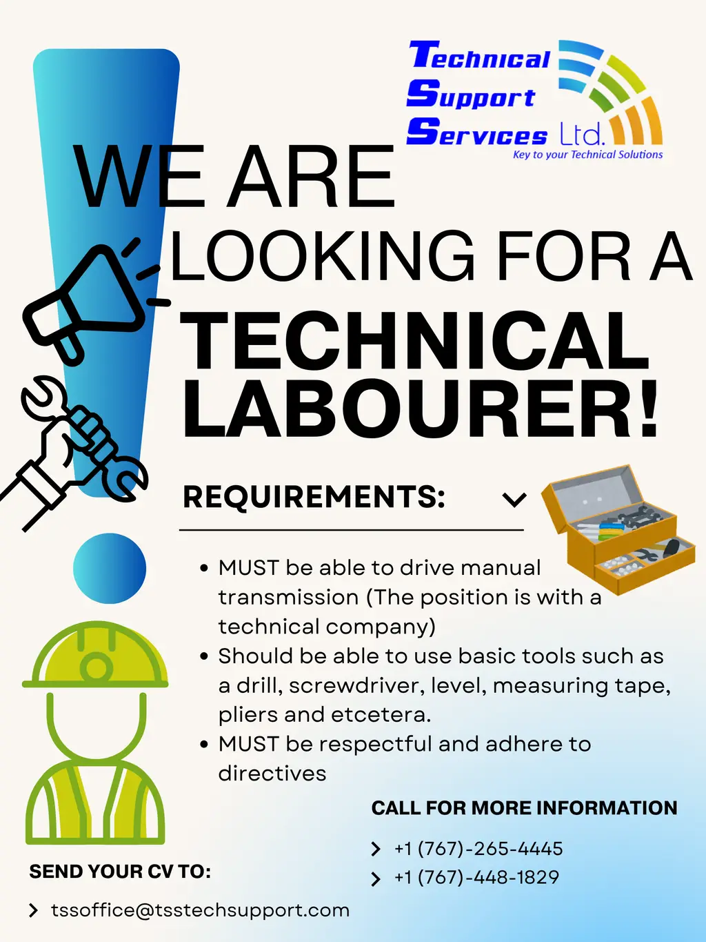 TSS Ltd vacancy flyer for a technical labourer.