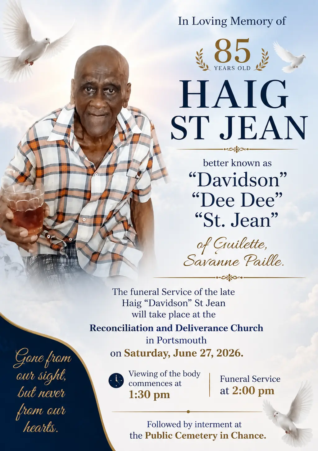 Lead image accompanying “Death announcement of 85 years old Haig St Jean better known as “Davidson” “Dee Dee” “St. Jean” of Guilette, Savanne Paille who died on June 12th, 2026 at the Reginald Fitzroy Armour Hospital.”