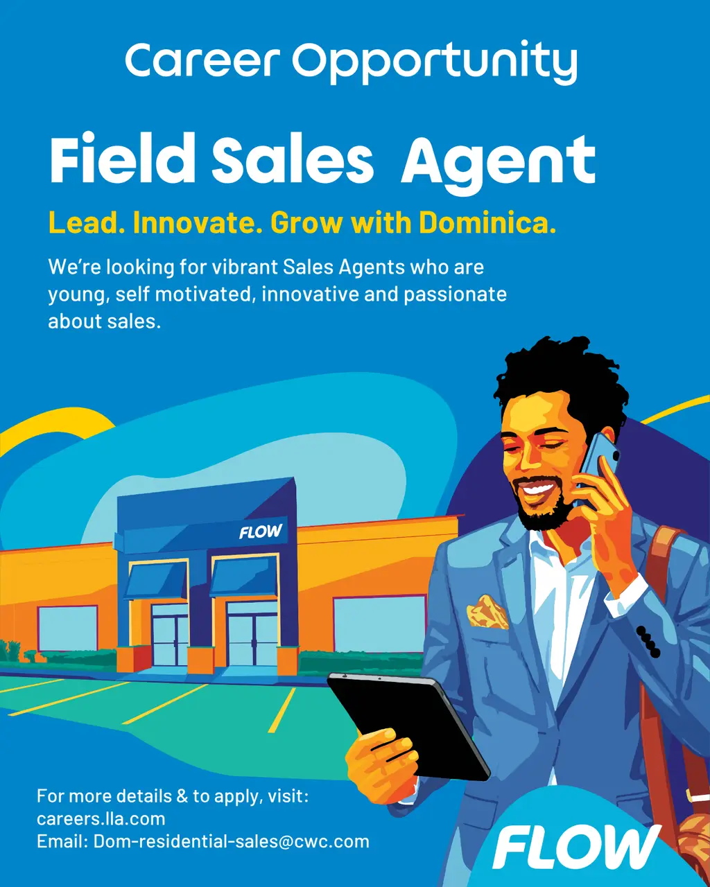 Flow recruitment poster for Field Sales Agent roles in Dominica.