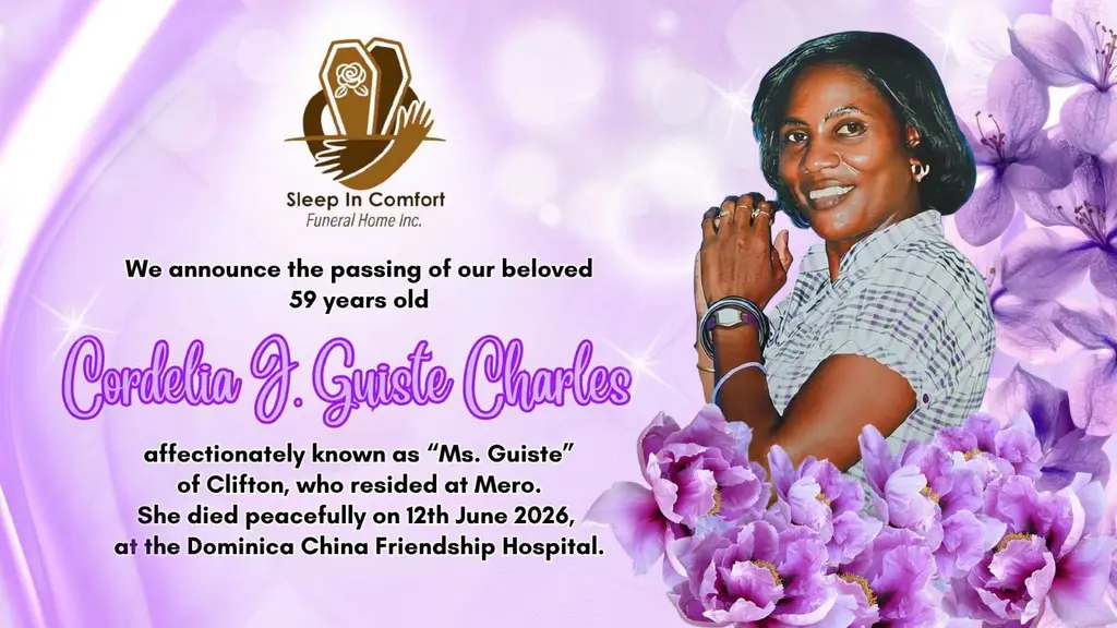 Lead image accompanying “Death announcement of 59 years old Cordelia Junie Guiste Charles, affectionately known as Ms. Guiste, of Clifton, who resided in Mero.She died peacefully on 12th June 2026, at the Dominica China Friendship Hospital.”