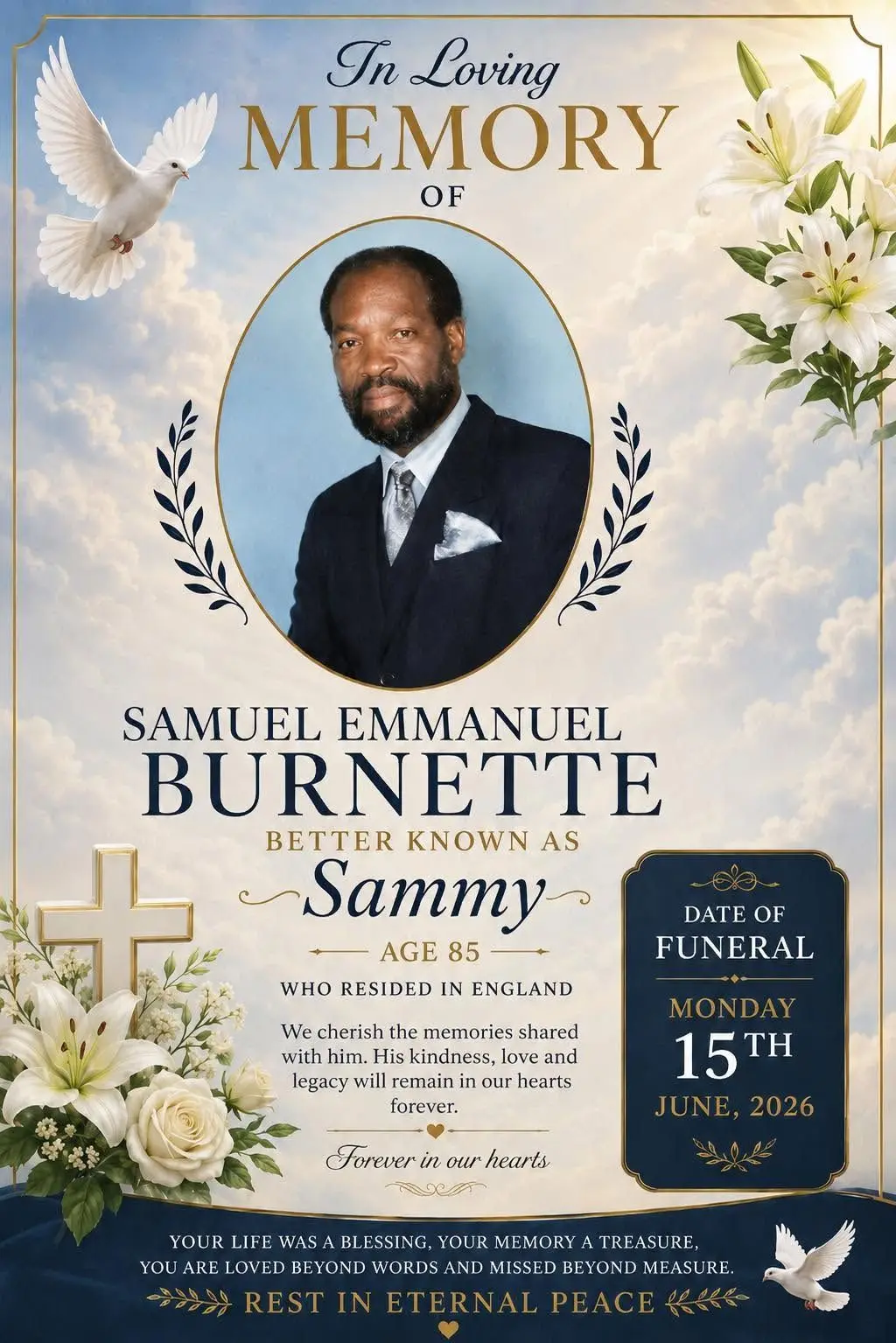 Lead image accompanying “Death announcement of SAMUEL EMMANUEL BURNETTE, better known as “SAMMY,” aged 85, who resided in England.”