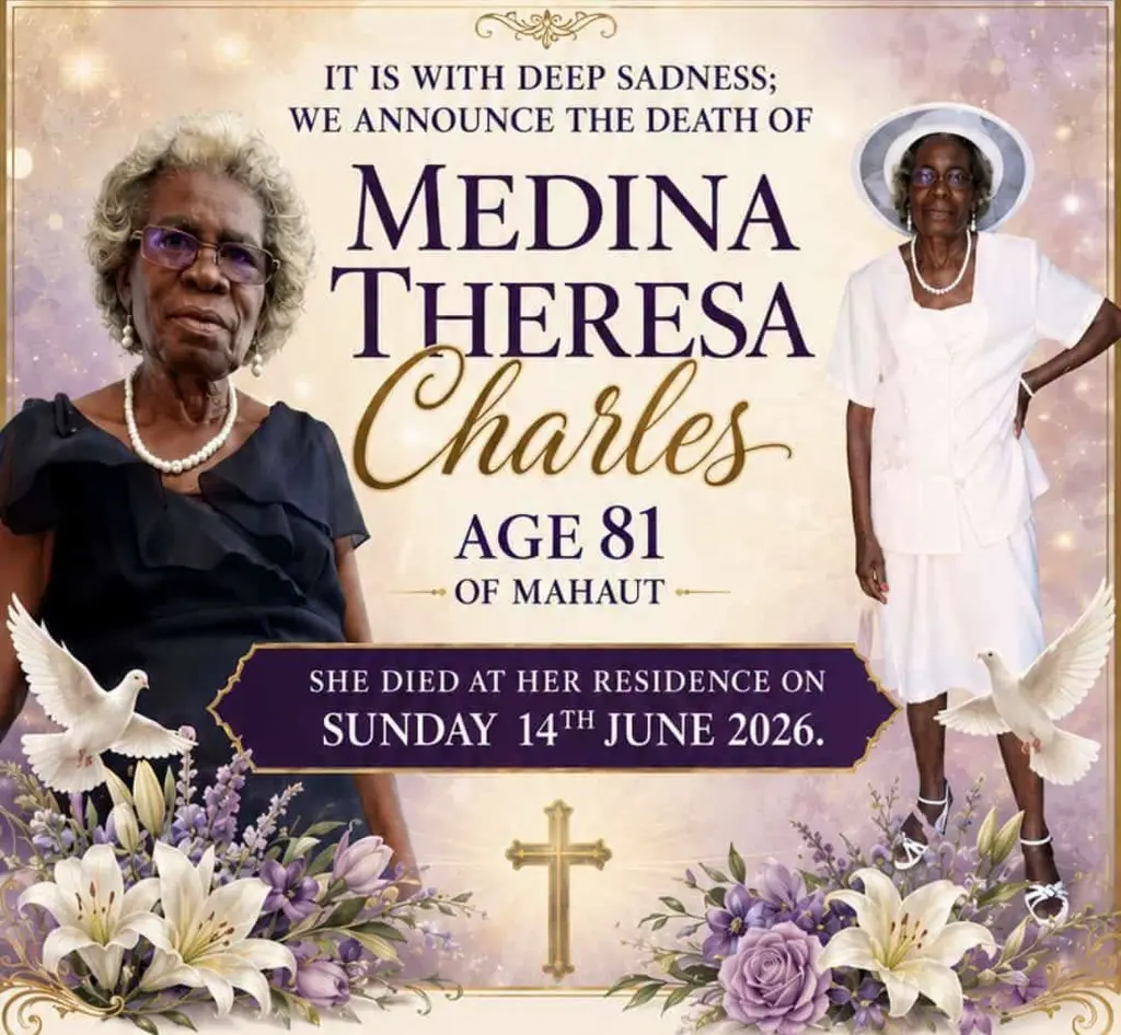 Lead image accompanying “Death announcement of MEDINA THERESA CHARLES AGE 81 OF MAHAUT.SHE DIED AT HER RESIDENCE ON SUNDAY 14TH JUNE 2026.”