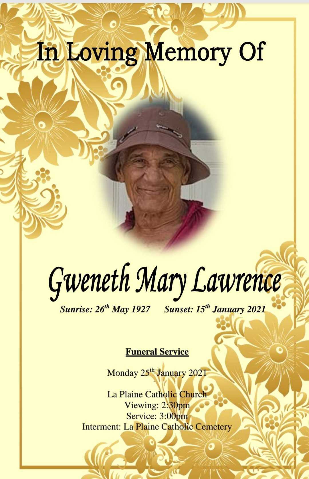 Death Announcement of Gweneth Mary Lawrence nee Bruney of Laplaine