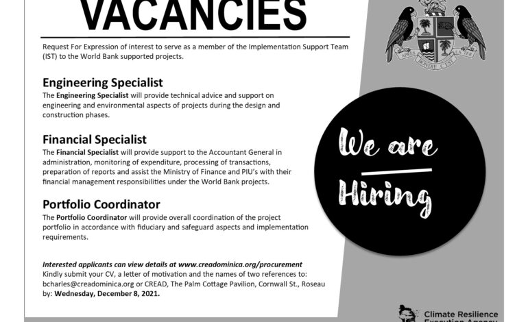  Vacancies: Engineering Specialist, Financial Specialist and Portfolio Coordinator