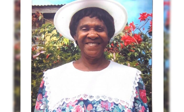 Death Announcement of  87 years old Mrs Virginia Andrew nee Francois also known as Avanelle or Vano of Thibaud   who resided at Bense