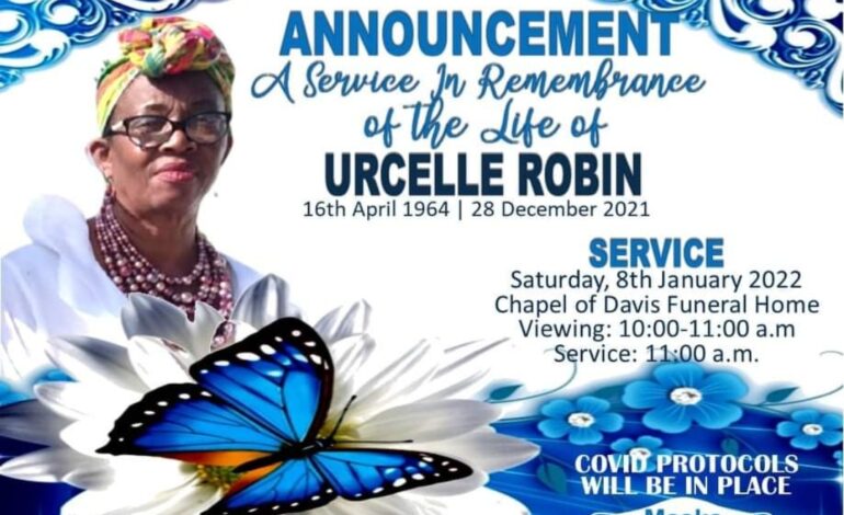 Death Announcement of 57 year old Urcelle Robin from Dominica who resided in Virgin Gorda
