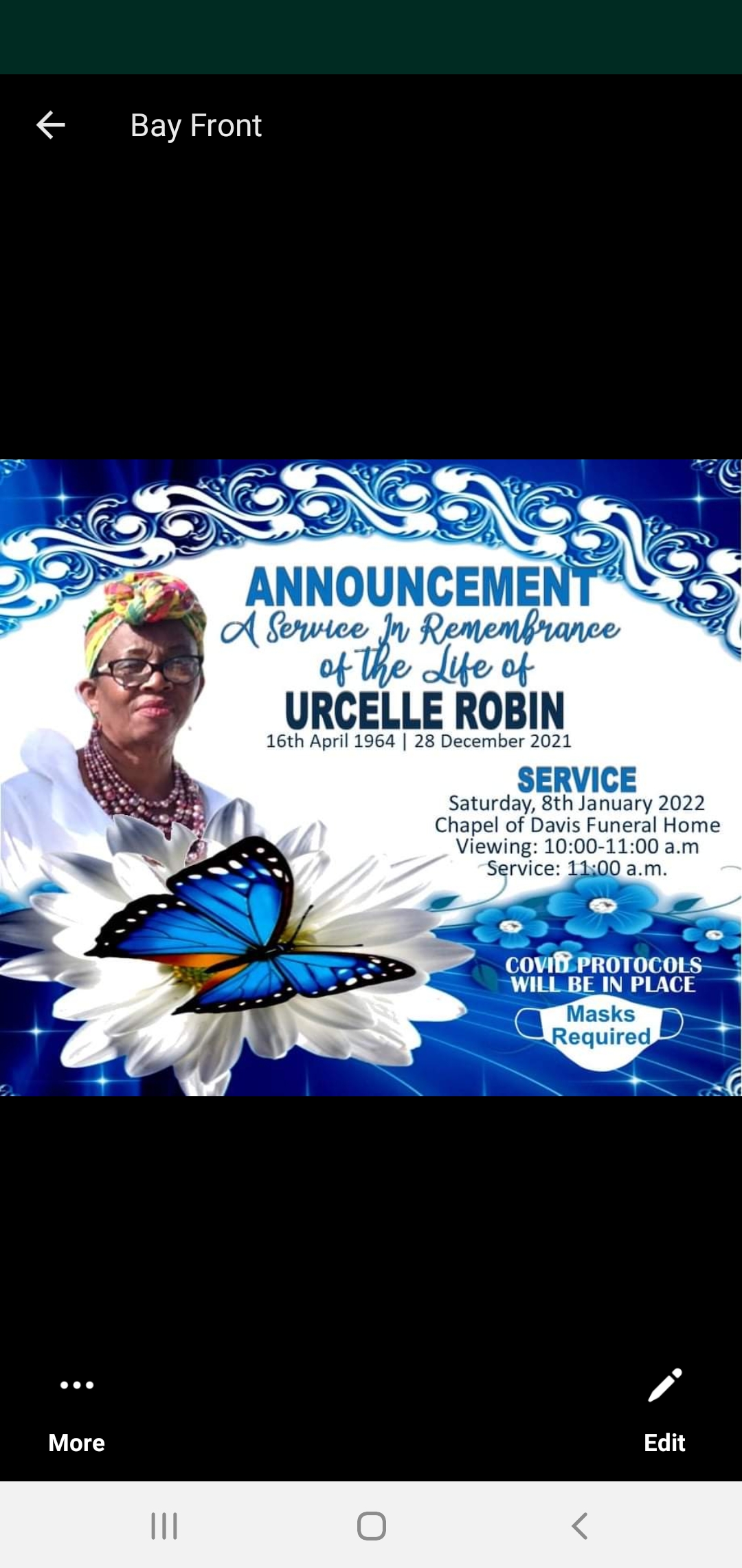 Death Announcement of 57 year old Urcelle Robin from Dominica who