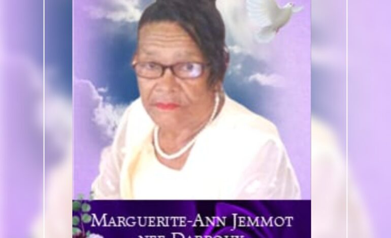 Death Announcement of 79 year old Marguerite-Ann Jemmot nee Darroux of Petite Soufriere who resided on 2nd Street, Canefield