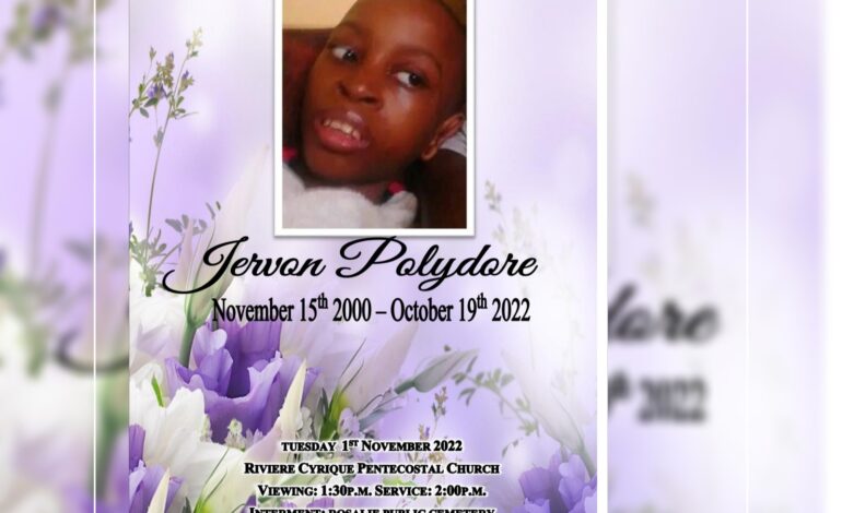 Death Announcement of 21 year old Jervon Jerry Polydore better known as Jojo of Riviere Cyrique