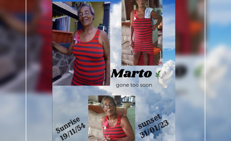 Death Announcement of 68 year old Martina Elizabeth Larocque -Ryan better known as Marto of Dublanc who resided in Tarreau