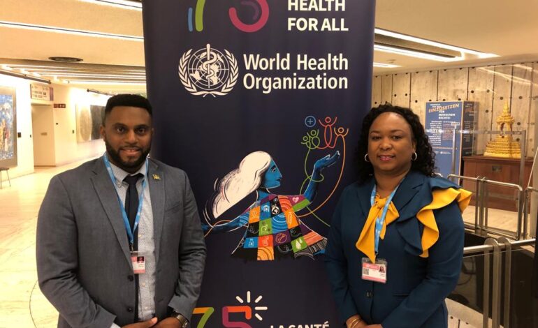 Hon Cassanni Laville and Dr Laura Esprit at the 76th annual World Health Assembly in Geneva, Switzerland