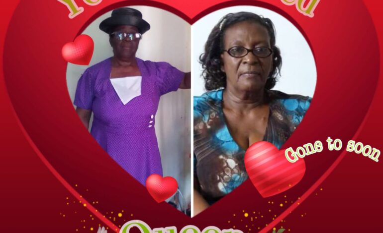 Death Announcement of 62 year old Cecillia Evelyn Williams of Bourne and 71 year old Mary Miriam Remie Luke better known as Mimin of Glanvillia Portsmouth who resided in St Martin