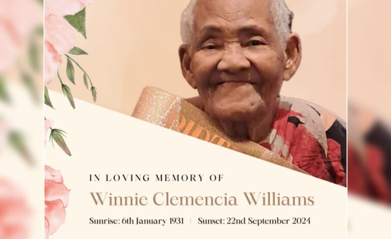 Death Announcement of 93 year old Winnie Clemencia Williams better known as Dodowa and Ma Nic of Pointe Carib, Bagatelle