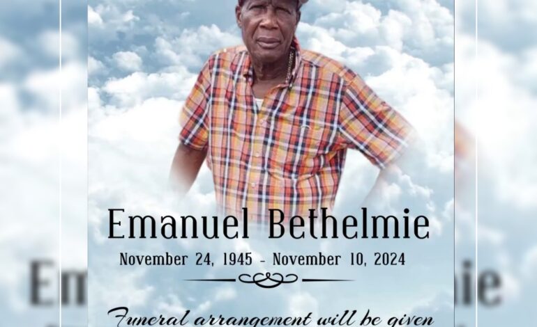 Death Announcement of 78 year old Emanuel Bethelmie, better known as JB of St. Joseph, who resided in both New York and Dominica