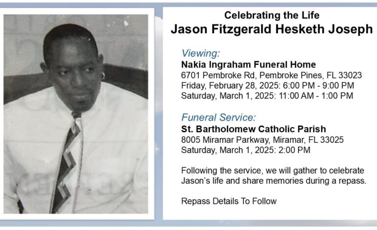 Death Announcement of 57 years old Jason F.H. Joseph from Portsmouth Dominica who resided in Miramar Florida