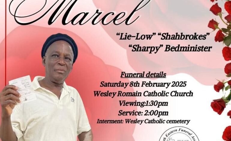 Death Announcement of 66 year old Marcel Bedminster better know as “ lilo, Sharpie, Shabrokes from Calibishie who resided at Portsmouth