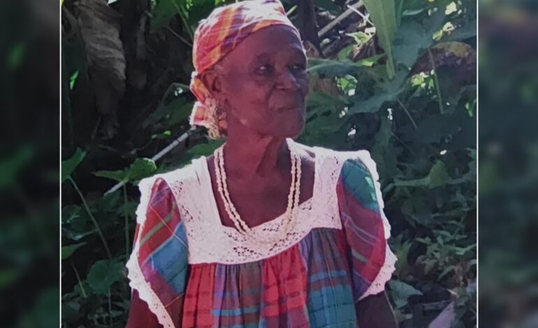 Death announcement of 91 year Camilla Warrington nee Thomas of Petite Soufriere